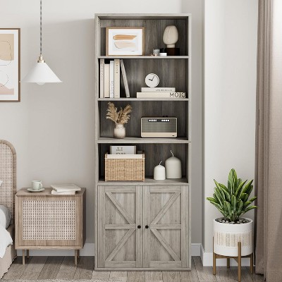 Garvee Farmhouse Bookcase with Doors 11.8in Deep Display Storage 23.6W x 71.4H Inches L-Shape Engineered Wood, Gray