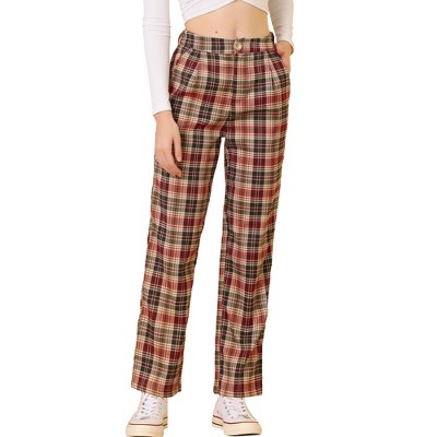 Allegra K Women's Plaid Elastic Waist Casual Work Office Long Trousers Red  Brown Beige Small : Target