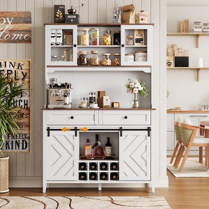 GustoWave 72" Farmhosue Large Kitchen Buffet with Sliding Barn Door, 2 Drawers, 8 Storage Shelves, LED Rustic Coffee Bar Cabinet - 1 of 4