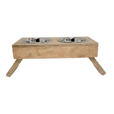 Natural Mango Wood Elevated Dog Feeder with Stainless Steel Bowls