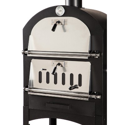 Black Steel Outdoor Charcoal Grill and Oven with Wheels
