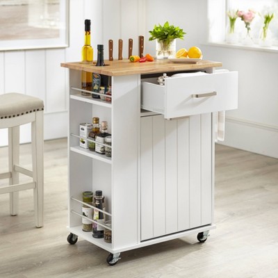 White MDF Kitchen Cart with Rubberwood Top and Spice Rack