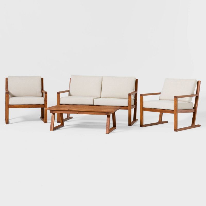 Saracina Home 4pc Modern Slat-Back Acacia Outdoor Conversation Set with Cushions 
, 5 of 10