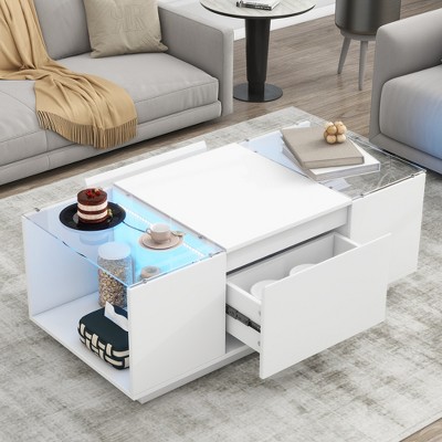 JUJABU Modern Coffee Table with High-Gloss Finish, Glass Tabletop, Open Storage Compartment and 2 Hidden Drawers for Living Room