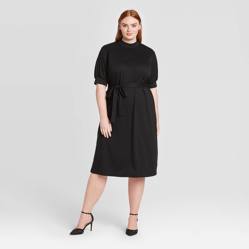 Women's Plus Size Elbow Sleeve High Neck Rib Trim A-Line Midi Dress - Who What Wear Black 4X was $38.99 now $27.29 (30.0% off)