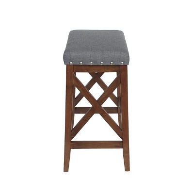 Walnut Wood Backless Barstools with Charcoal Upholstered Seats, Set of 2