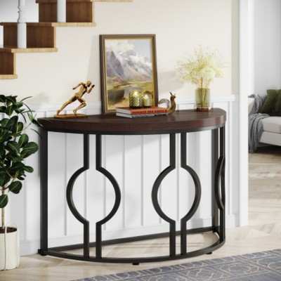 Syemin Console Tables Half Moon Entryway Console Table, Industrial Semi Circle Sofa Table, Wood Accent Table, Brown, 43.31"*13.78"*31.5"