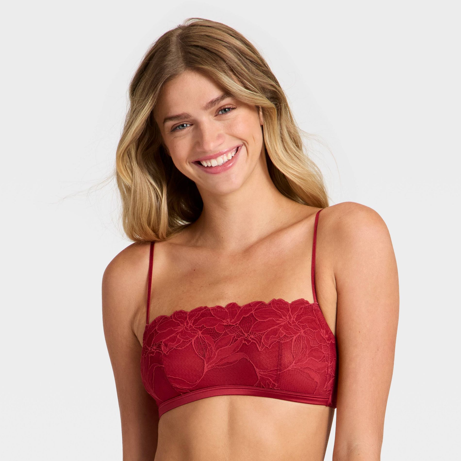 Women's Lace Unlined Straight Neck Bralette - Auden™ Red S