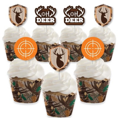 Big Dot of Happiness Gone Hunting - Cupcake Decor - Deer Hunting Camo Baby Shower or Birthday Party Cupcake Wrappers & Treat Picks Kit - Set of 24