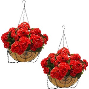 Artificial Hanging Geraniums Flowers 2-Pack, UV Resistant Outdoor Hanging Plants with Brown Baskets,Fake Flowers for Porch Patio Garden Decor - 1 of 4