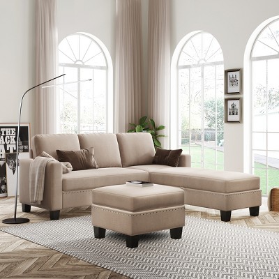 81" Reversible Linen Fabric Sectional Couch with Storage Chaise/Ottoman, L-Shaped Nailhead Sofa Set, Warm Gray 4W - ModernLuxe