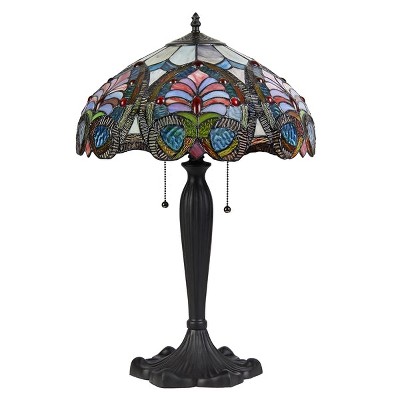 Victorian Style Bronze Table Lamp with Multicolor Stained Glass Shade
