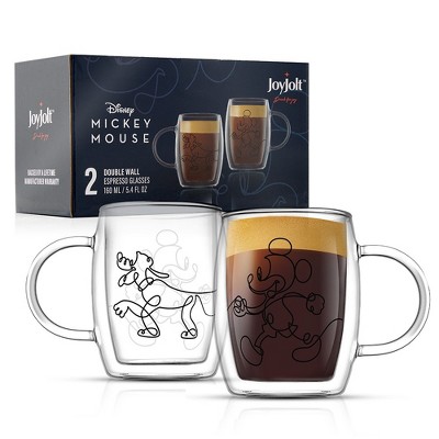 JoyJolt Disney Mickey and Pluto Glass Mugs - Set of 2 Double Wall Tea Glass Coffee Cups - 5.4 oz