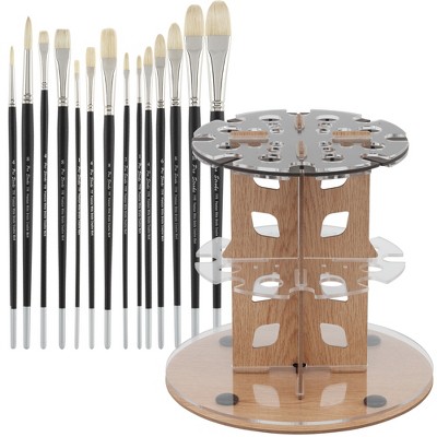 Mezzo Rotating Paint Brush Storage Rack w/ Creative Mark Pro-Stroke Value Oil Paint Brush Set- White Chungking Natural Hog Hair Paint Brushes Set of