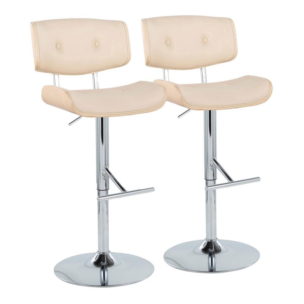 Set of 2 Lombardi Adjustable Barstools Chrome/Natural/Cream: Mid-Century, Tufted, Bent Wood, 360° Swivel - LumiSource
