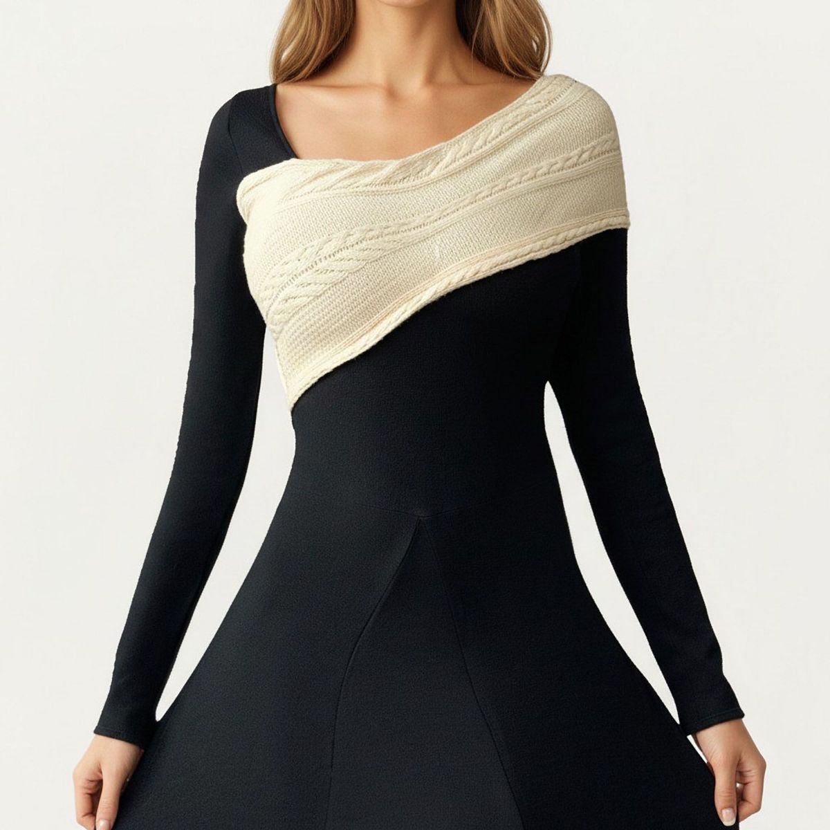 Anna-Kaci Women's Black Midi Dress with Off-Shoulder Knit Detail and Long Sleeves - thumbnail 4