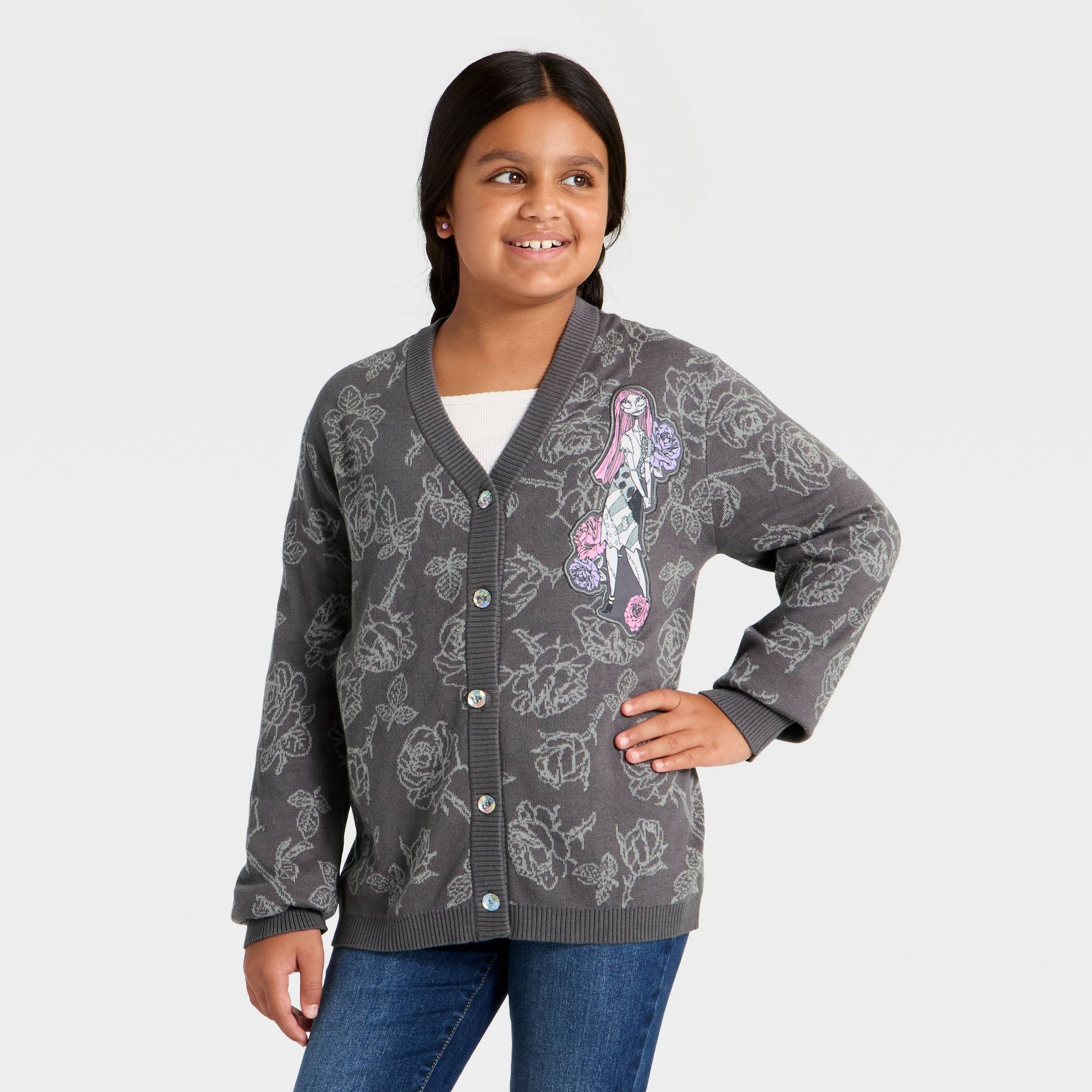 Girls' Disney The Nightmare Before Christmas Sally Button-Up Sweater - Charcoal Gray XL