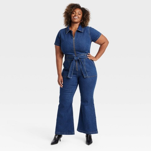 Women s Short Sleeve Denim Jumpsuit Ava Viv Dark Wash 16 Target