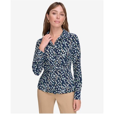 Tommy Hilfiger Womens Casual Floral Button Up Shirt, Blue, X-Large