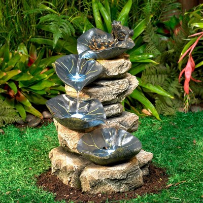 Rustic Frog and Lily Pad Cascading Outdoor Water Fountain with LED Light