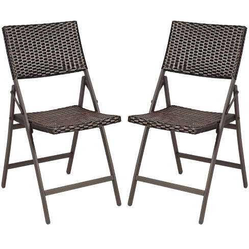 Tangkula 2 PCS Outdoor Rattan Folding Dining Chairs Patio Wicker Portable Chairs for Balcony Garden Lawn Brown