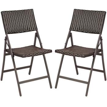 Tangkula 2 PCS Outdoor Rattan Folding Dining Chairs Patio Wicker Portable Chairs for Balcony Garden Lawn Brown