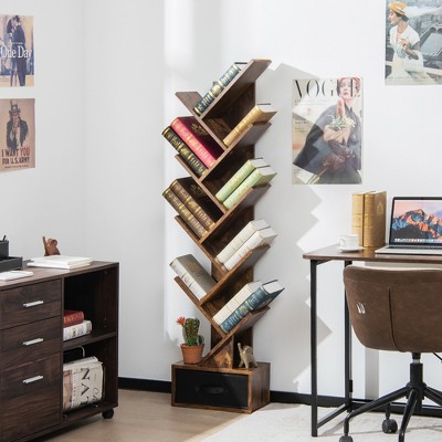 Costway 10-tier Tree Bookshelf with Drawer Free-standing Storage Bookcase Rustic Brown