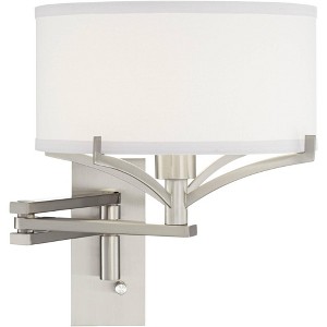 Possini Euro Design Tremont Modern Swing Arm Wall Lamp Brushed Nickel Metal Plug-in Light Fixture White Drum Shade for Bedroom Bedside Living Room - 1 of 4
