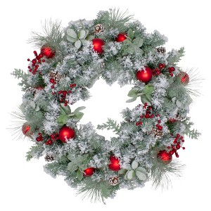 Northlight Flocked Artificial Mixed Pine and Red Ball and Berries Christmas Wreath, 40-Inch, Unlit - 1 of 3