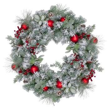 Northlight Flocked Artificial Mixed Pine and Red Ball and Berries Christmas Wreath, 40-Inch, Unlit
