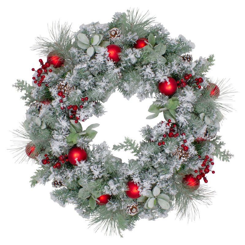 Northlight Flocked Artificial Mixed Pine and Red Ball and Berries Christmas Wreath, 40-Inch, Unlit, 1 of 4