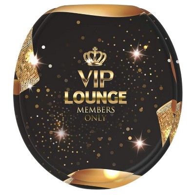 Sanilo 234 Round Molded Wood Toilet Seat with No Slam, Slow, Soft-Close Lid, Stainless Steel Hinges, Unique Fun Decorative Design, Gold VIP Lounge