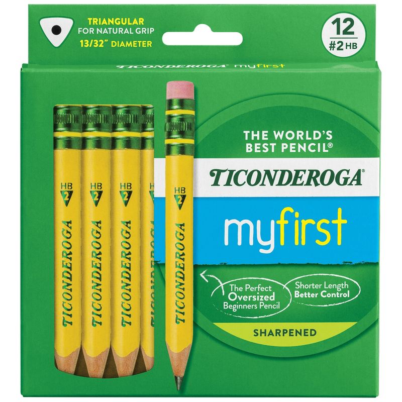 Ticonderoga® My First® Short Wooden Pencils, Large Triangle Barrel, Sharpened, #2 HB Soft, With Eraser, Yellow, 12 Per Pack, 2 Packs, 3 of 6
