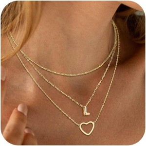 14K Gold Plated Initial Necklace, Layered Heart A-Z Charm Pendant, Personalized Jewelry Gift for Women - 1 of 4