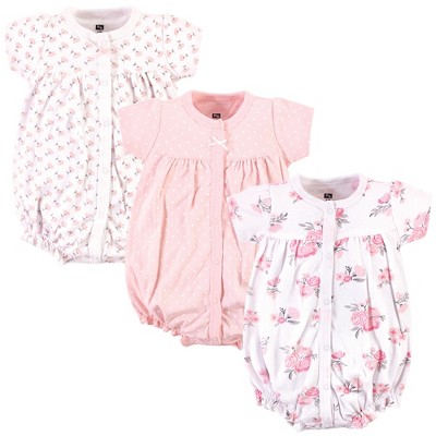 Hudson Baby Infant Girl Cotton Rompers 3pk, Pink Floral