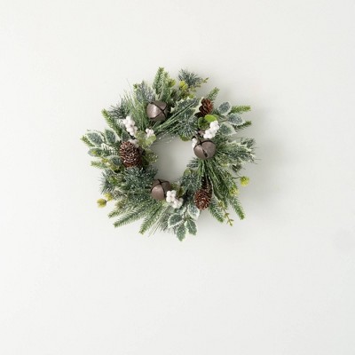 14"H Sullivans Artificial Christmas Mixed Pine Berry Accent Ring, Green-White, Indoor Christmas Decor