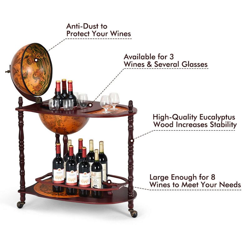 Costway Wood Globe Wine Bar Stand 34'' H 16th Century Italian Rack Liquor Bottle Shelf, 5 of 9