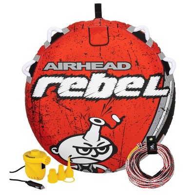 Airhead Rebel 54" 1 Person Durable Red Towable Lake Boating Tube Kit with 16 Strand Tow Rope, Speed Safety Valve, and 12V Pump Kit