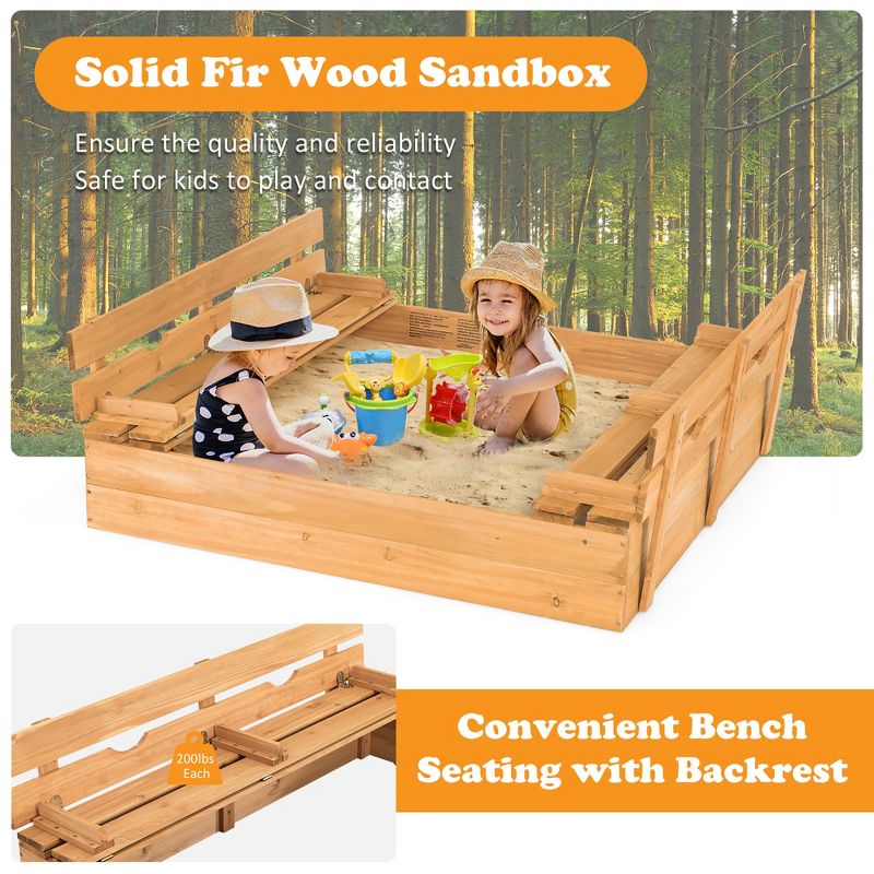 Costway Kids Large Wooden Sandbox w/Cover 2 Convertible Bench Seats for Outdoor Play, 5 of 11