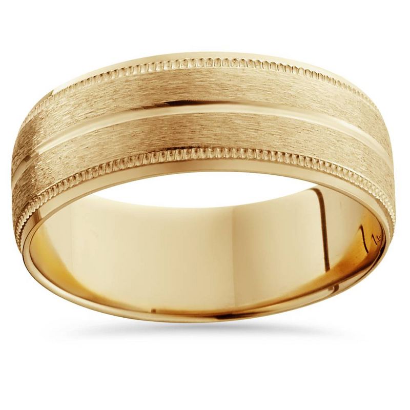 Pompeii3 9mm 14K Yellow Gold Mens Brushed Double Line Mens Wedding Band 9mm Ring, 1 of 4