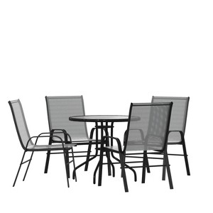 Emma and Oliver Five Piece Patio Table Set with Round Metal Table with Tempered Glass Top and 4 Flex Comfort Stacking Chairs - 1 of 4