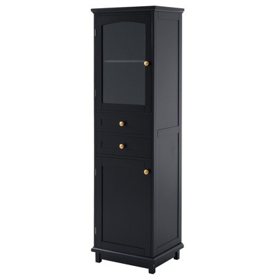 PDTEND 63" Tall Freestanding Bathroom Storage  Cabinet with Glass Doors, 2 Drawers and Adjustable Shelves