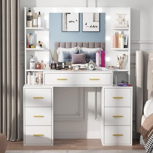 PAKASEPT Makeup Vanity Desk with Mirror and Lights, 43'' Makeup Table with Charging Station, 7 Drawers, Storage Shelves - 1 of 4
