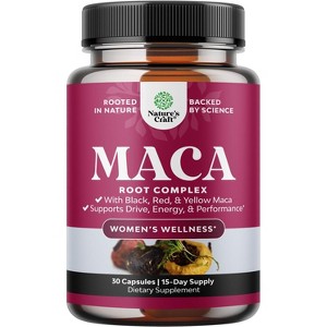 Organic Maca Root Capsules for Women, Potent Herbal Supplement with Female Enhancing Blend of Red Yellow & Black Maca Root, Nature's Craft, 30ct - 1 of 4