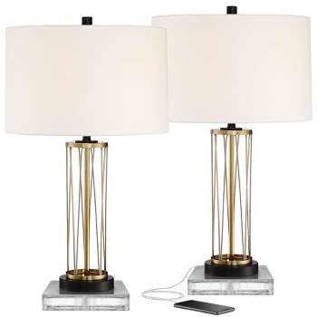 360 Lighting Nathan Modern Table Lamps Set of 2 with Square Risers 27" Tall Gold Metal USB Charging Ports Off White Drum Shade for Living Room Desk