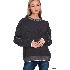 I am a Fashion Junky Zenana Exposed Seam Round Neck Two-Tone Sweater - 1 of 3