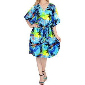 LA LEELA Women's House Daily Routine Evening Wear Vacation Holiday Casual Dailywear Loungewear Relaxed Fit Caftan Mini Casual Sundress 2X-3X Blue Tree - 1 of 3
