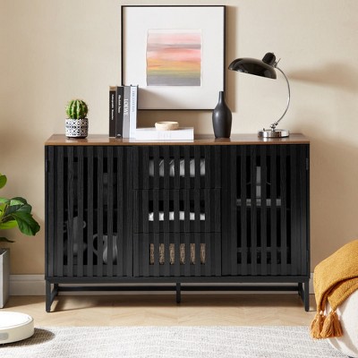 HDZNVF 3 Drawer and 4 Shelves Dresser with Slatted Grille Striped Drawer and Doors, Modern Style Cabinet, Black and Brown