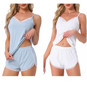 INSPIRE CHIC Women's 2 Pcs Ribbed Knit Lace-Trim V-Neck Cami Top with Shorts Sleeveless Pajama Sets - 1 of 4