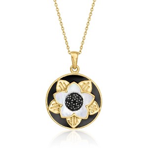 Ross-Simons Onyx, Mother-Of-Pearl and .40 ct. t.w. Black Spinel Flower Pendant Necklace in 18kt Gold Over Sterling Size 18 - 1 of 3